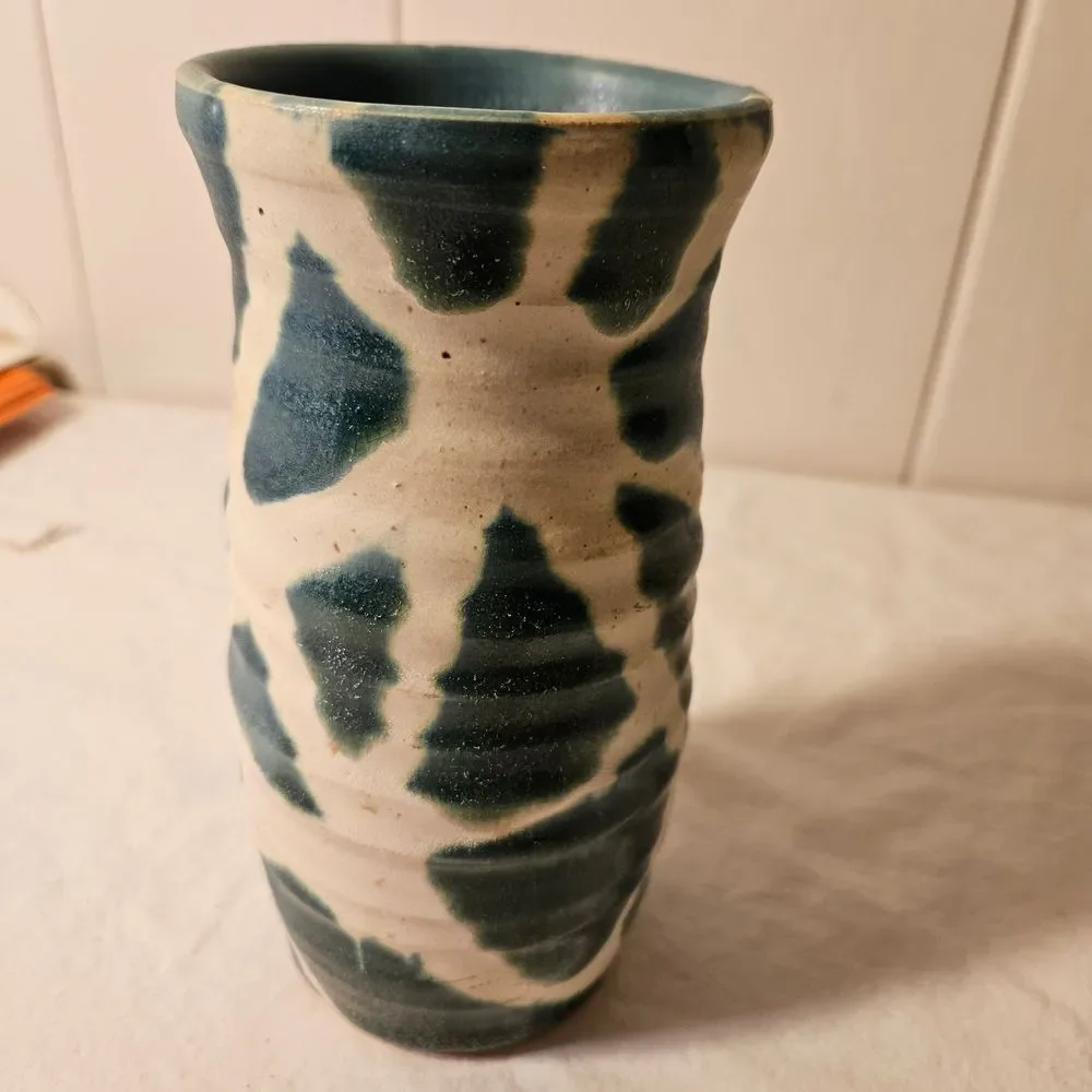 Handmade Pottery Vase Turquoise & White, Unique, Home Decor, Signed‎